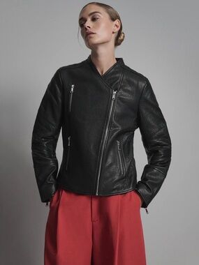 Armani Exchange Black Asymmetric Zip Leather Moto Jacket - Women